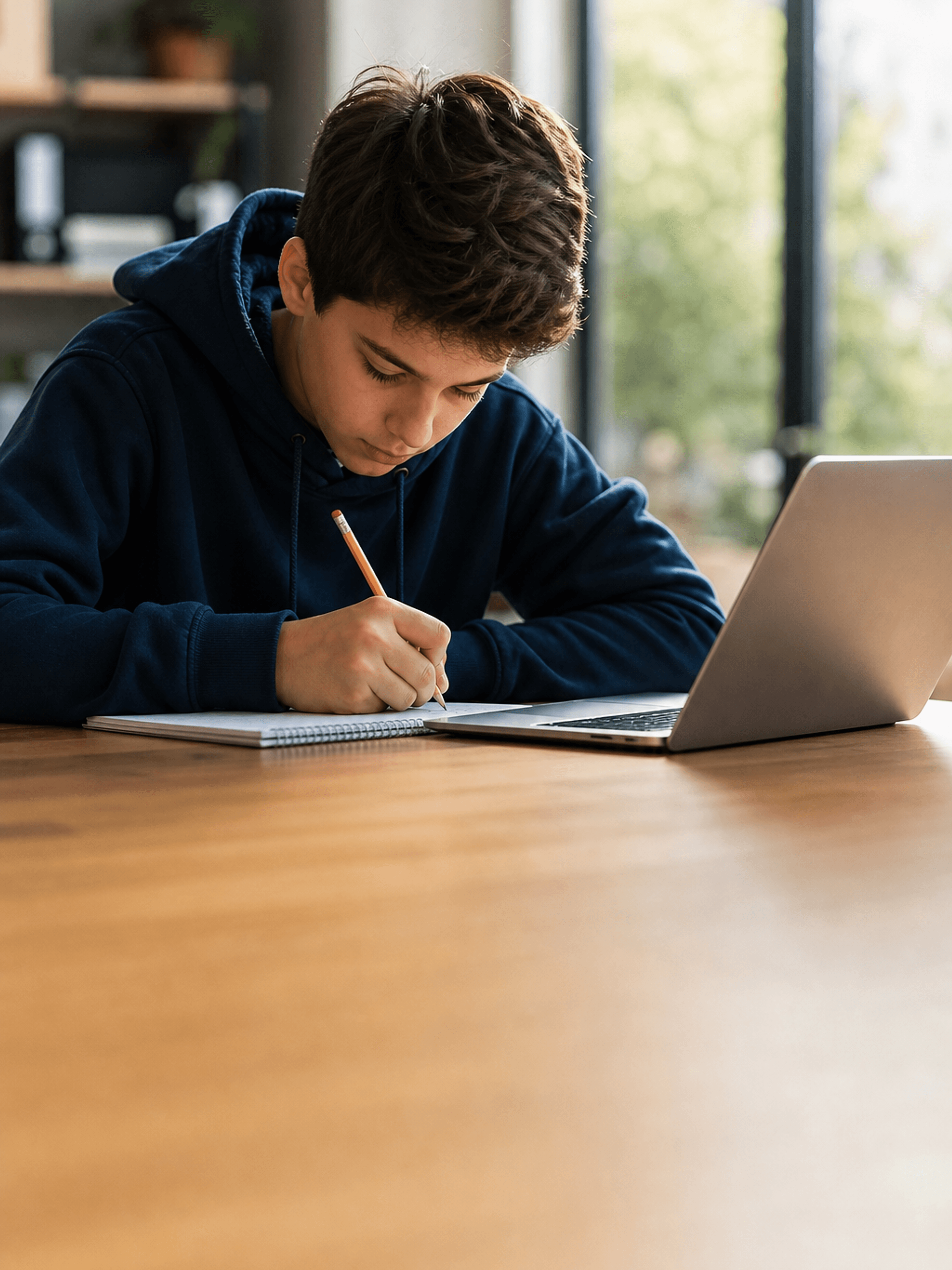 A student writing out a math solution step by step in a notebook